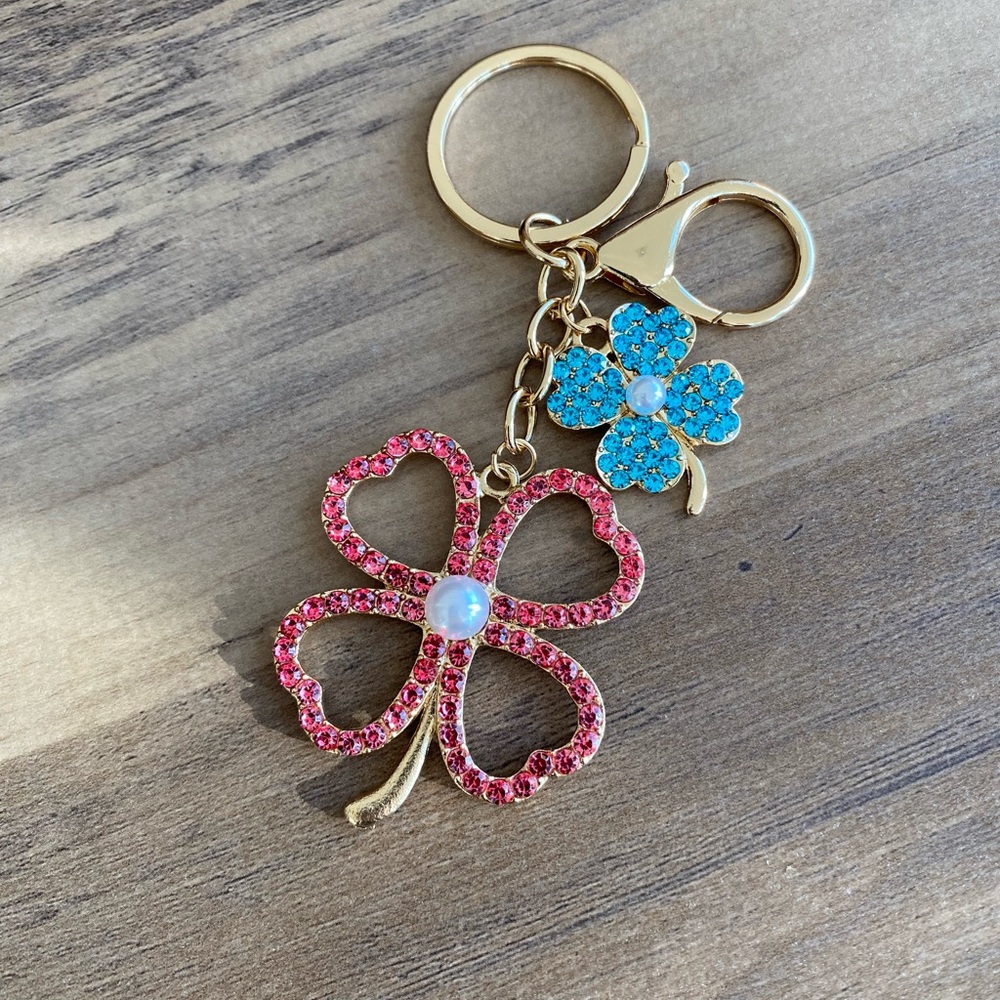 Pink and teal Four-Leaf Clover Rhinestone Keychain